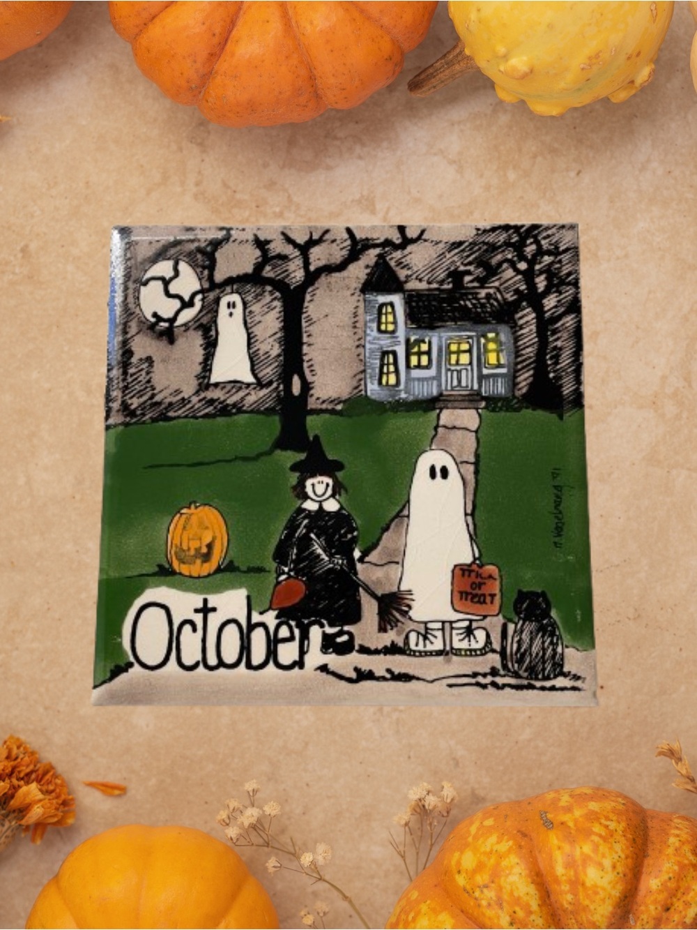 Adorable vintage H & R Johnson England October tile/trivet Halloween kitsch